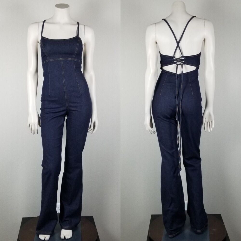 Hot Kiss VTG 90s Y2K Blue Denim Lace-up Exposed Back Bodycon Flare Jumpsuit Sz S